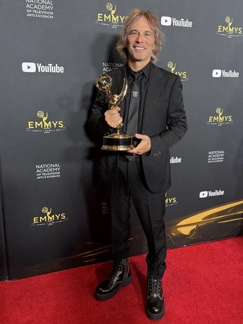 Nathan Ross at the 2026 Emmy Awards with his award for Critical Incident: Death at the Border